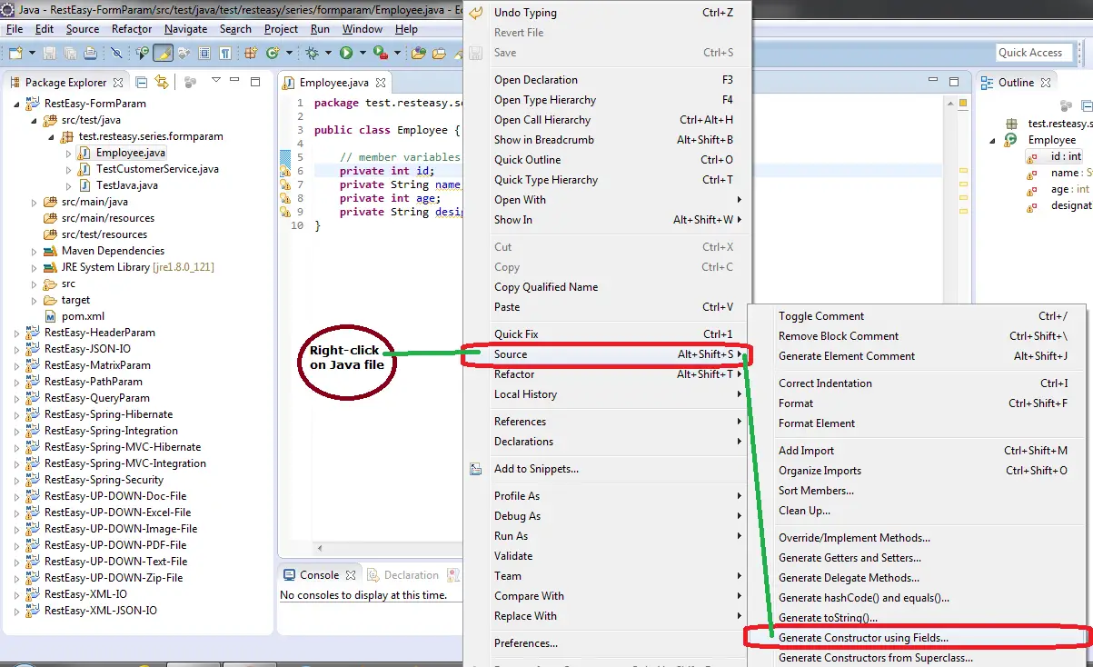 How to generate constructor using fields in Eclipse IDE